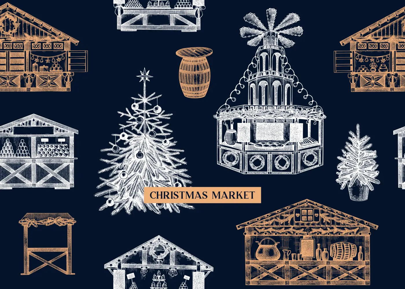 Christmas market background. Hand-drawn vector illustration on chalkboard. Holiday marketplace border design. Vintage seamless pattern. Christmas tree, wooden stall, candy shop, mulled wine sketches  Illustration